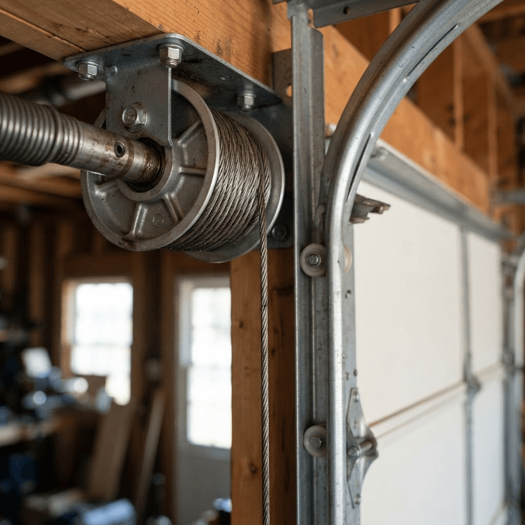 Close-up of garage door hardware that can rust in a humid coastal climate
