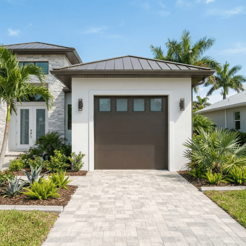 Newly installed residential garage door on a Florida home