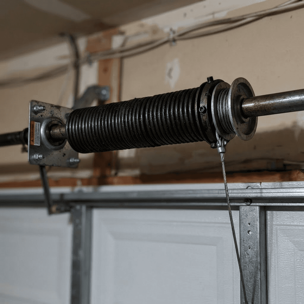 Close-up of a garage door torsion spring mounted above the door