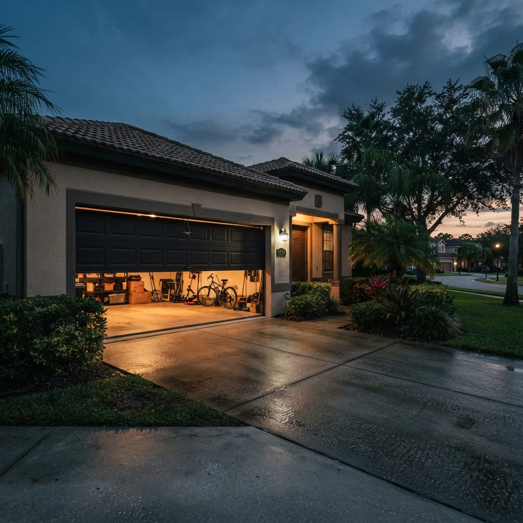 Residential garage door partially open at dusk with a light on inside