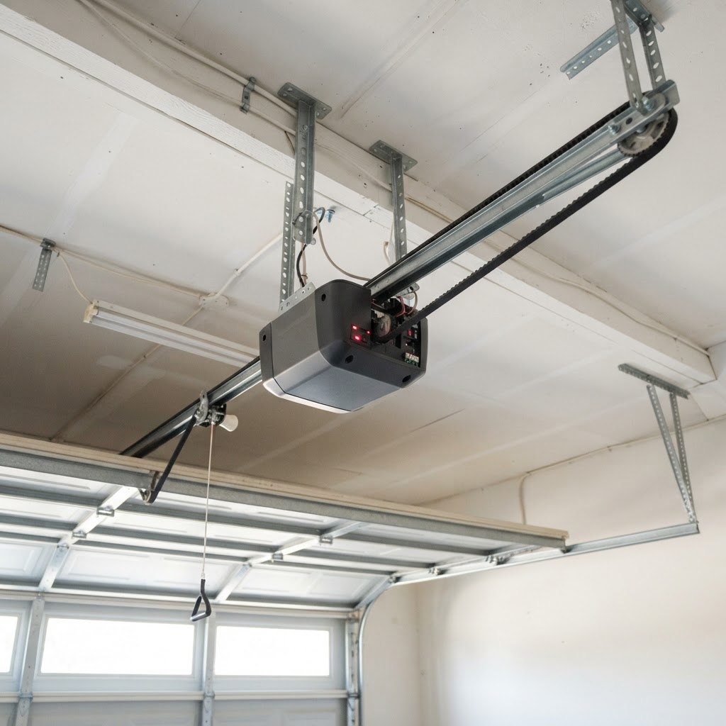 Ceiling-mounted garage door opener motor unit with drive rail