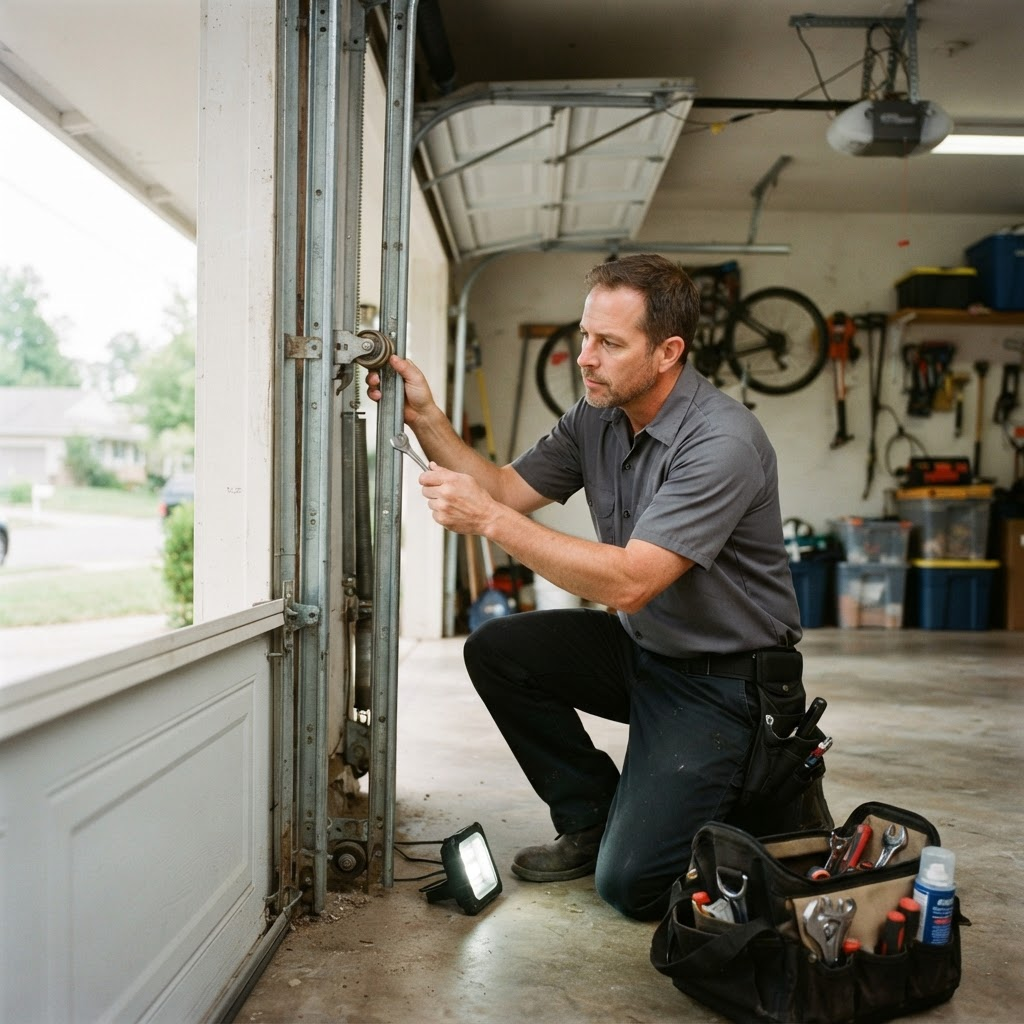 Technician inspecting the tracks and rollers of a residential garage door