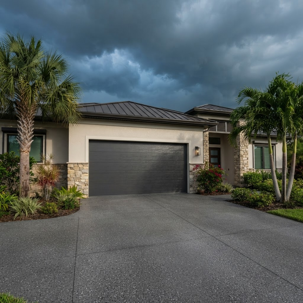 Reinforced hurricane-rated residential garage door under a stormy Florida sky