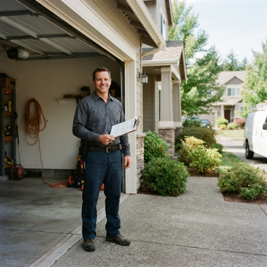 A professional garage door technician standing in an open residential garage doorway